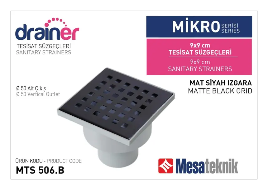 MTS 508B Mikro Serisi Tesisat Süzgeci Mat Siyah Izgara