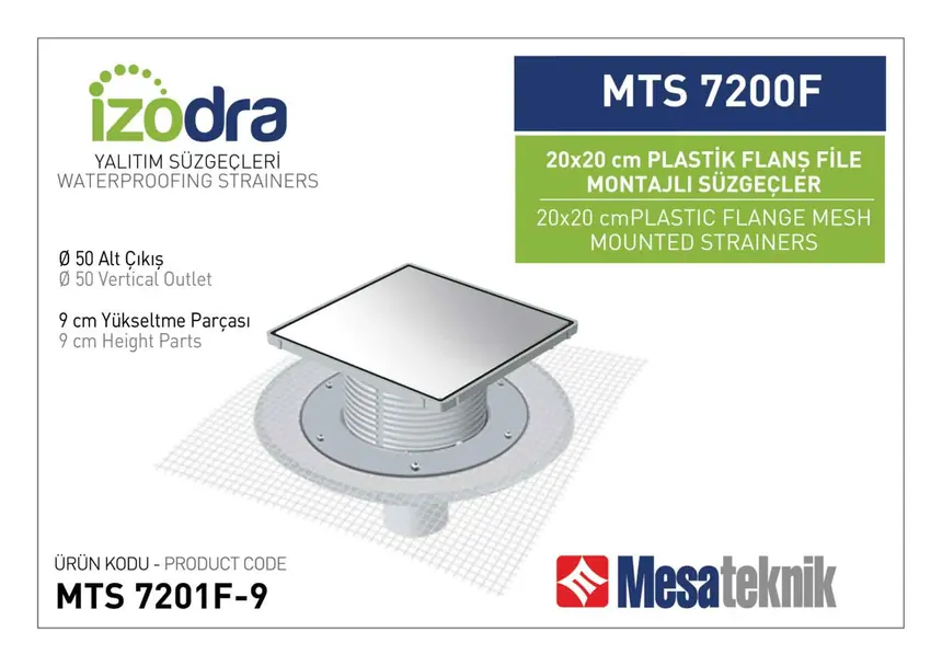 MTS 7200F Fileli Plastik Flanş Montajlı Süzgec Sistemleri 20 cm Kare